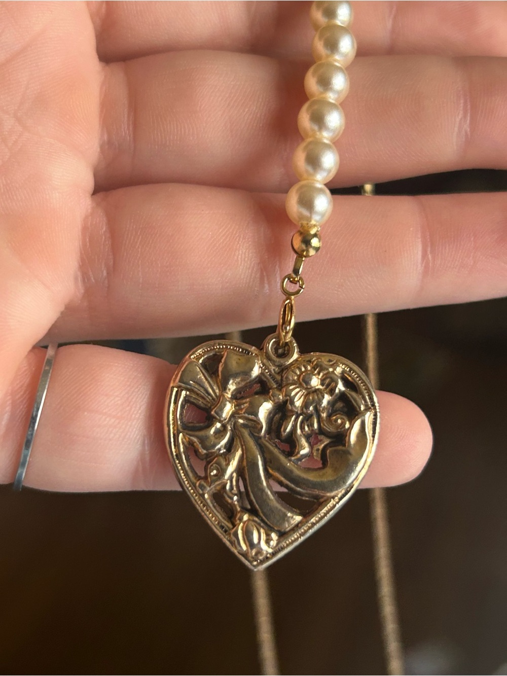 Vintage Gold Openwork Heart Pearl Charm Pendant Ribbon Bow Flower Upcycled - Picture 6 of 8